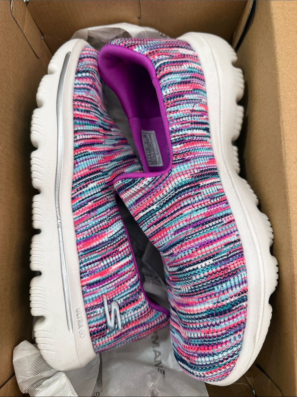 Skechers Slip-On Knit Sneakers in Pink, Purple & Teal